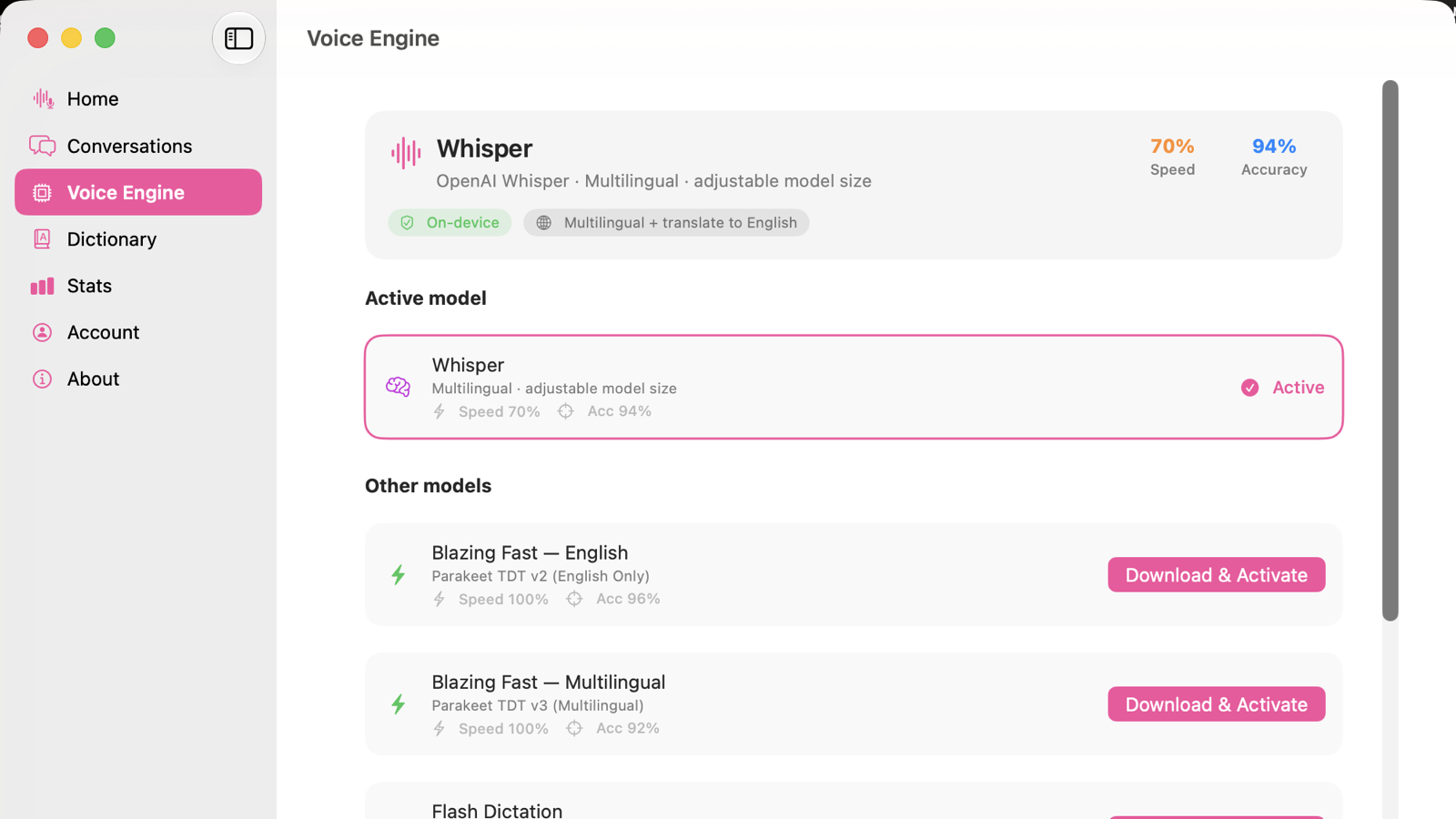 The Voice Engine screen: Whisper shown as the active on-device model with speed and accuracy readouts, and other selectable models including Parakeet TDT English and multilingual.